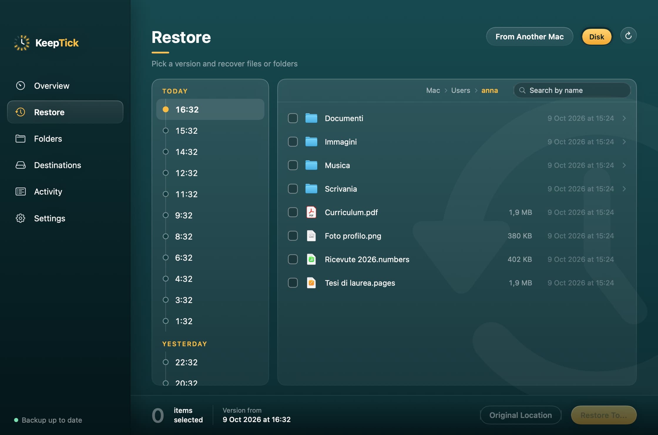 The KeepTick Restore page: the timeline of versions and the files in a folder